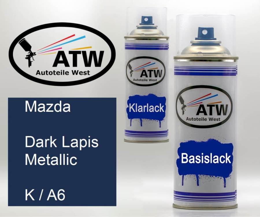 Mazda, Dark Lapis Metallic, K / A6: 400ml Sprühdose + 400ml Klarlack - Set, von ATW Autoteile West.